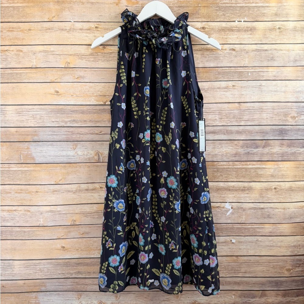 Tahari Dress Women’s Size 6 Blue Floral Sleeveless High Neck Ruffle Keyhole NWT